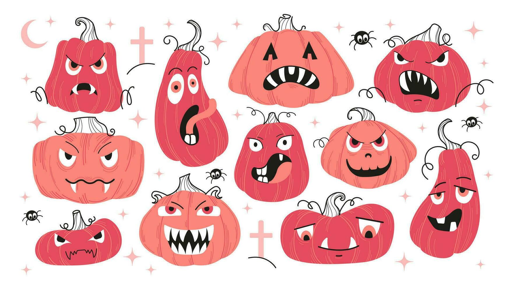 uppsättning rosa pumpor för halloween. rosa pumpa med leende för din design för de Semester halloween. en uppsättning av klistermärken. söt och skrämmande ansikten. vektor platt illustration.