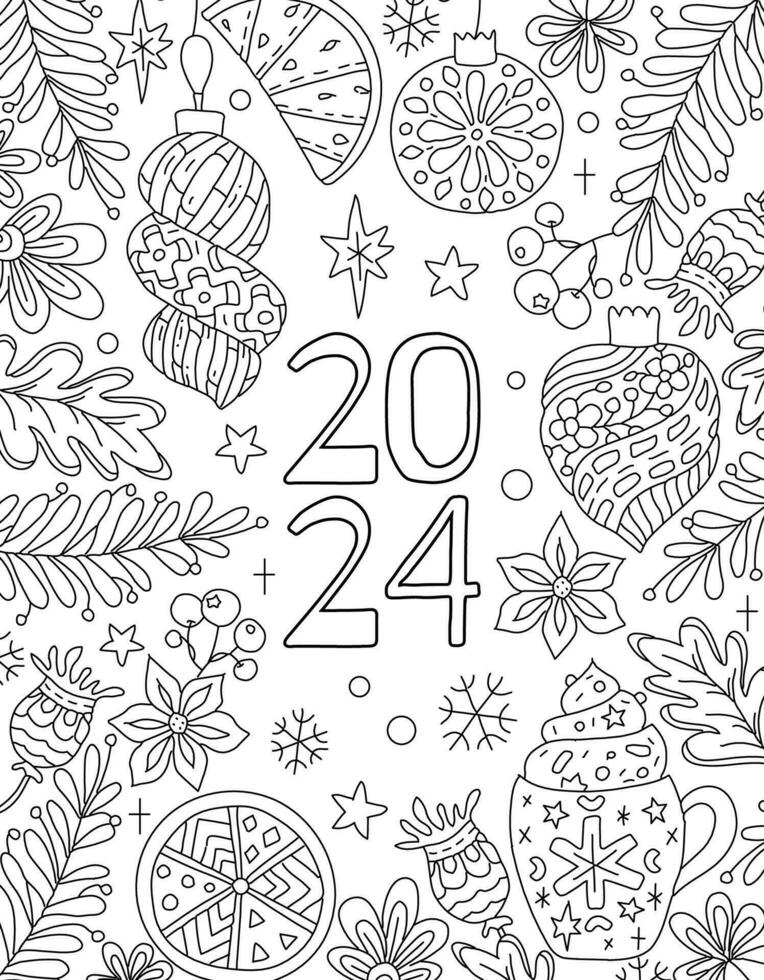 Hand Zeichnung Färbung Seite zum Kinder und Erwachsene. Urlaub Gruß Karte glücklich Neu Jahr 2024. schön Zeichnung mit Muster und klein Einzelheiten. Kinder Färbung Buch Bilder. Vektor