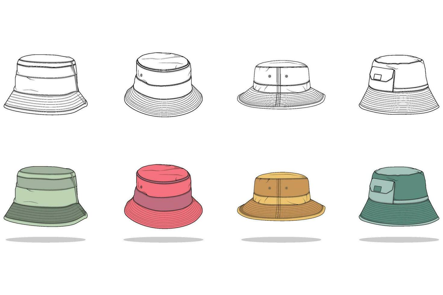 uppsättning av Färg full hink hatt teckning vektor, Färg full hink hatt i en skiss stil, mall Färg full för Träning, vektor illustration.