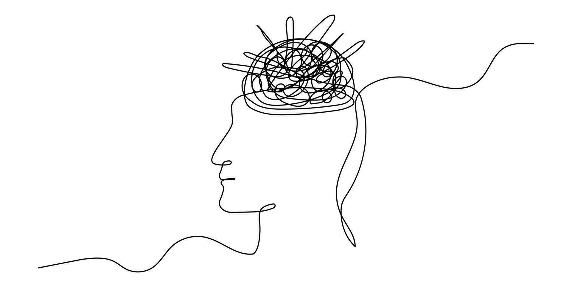 kontinuierlich einer Linie mental Chaos Gehirn Kopf Gesundheit Verstand Kunst skizzieren Gekritzel Konzept. Stress Therapie Problem kontinuierlich einer Linie Zeichnung. ein Single Schlaganfall von Heilung Vektor Zeichnung zum mental Wohlbefinden
