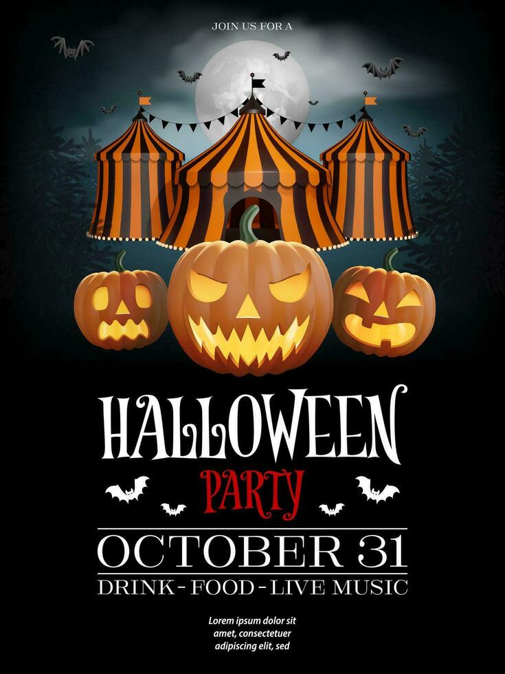 Halloween Poster mit Kürbisse und Zirkus mit Orange und schwarz Streifen vektor