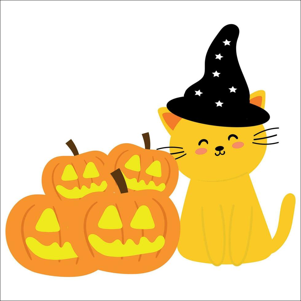 hand teckning tecknad serie katt med pumpa. söt halloween och höst säsong dekor element klistermärke. design för kort, skriva ut vektor