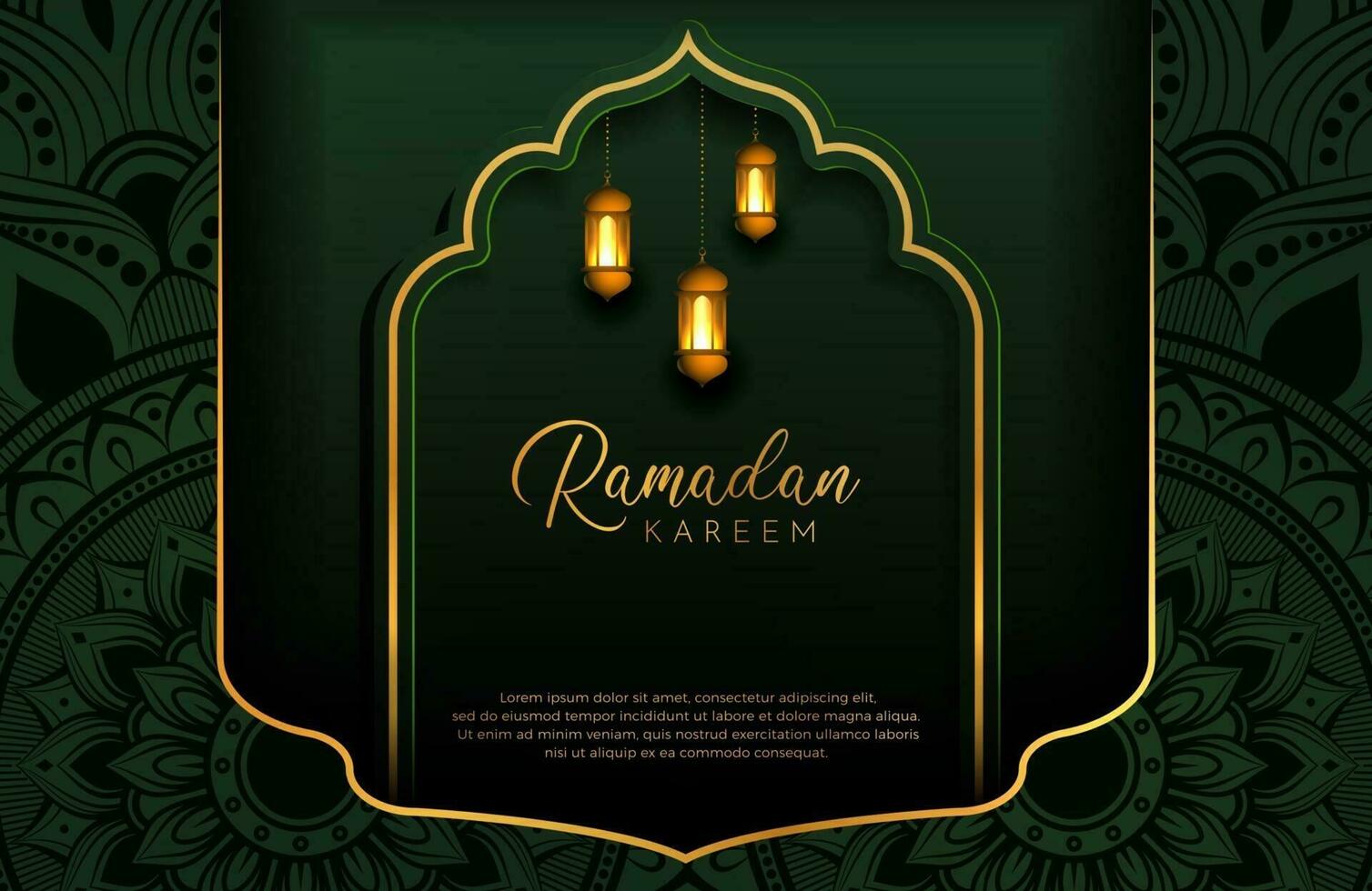 Ramadan Kareem Hintergrund mit goldener und grüner Farbe Luxus-Stil-Vektor-Illustration für islamische Feiern des heiligen Monats dekoriert mit Laterne und Mandala Arabeske vektor