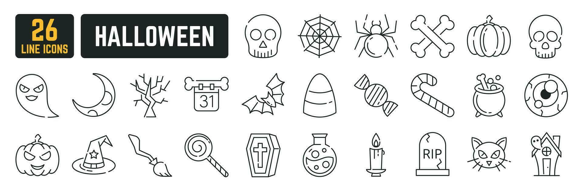 Halloween Linie Symbol einstellen Vektor. Geister, Kürbis, Monster, Hexe Besen, Hut, Süßigkeiten Regenbogen, Schläger, Netz, Schädel, Schlange, Augen, Mond, Blut, Knochen vektor