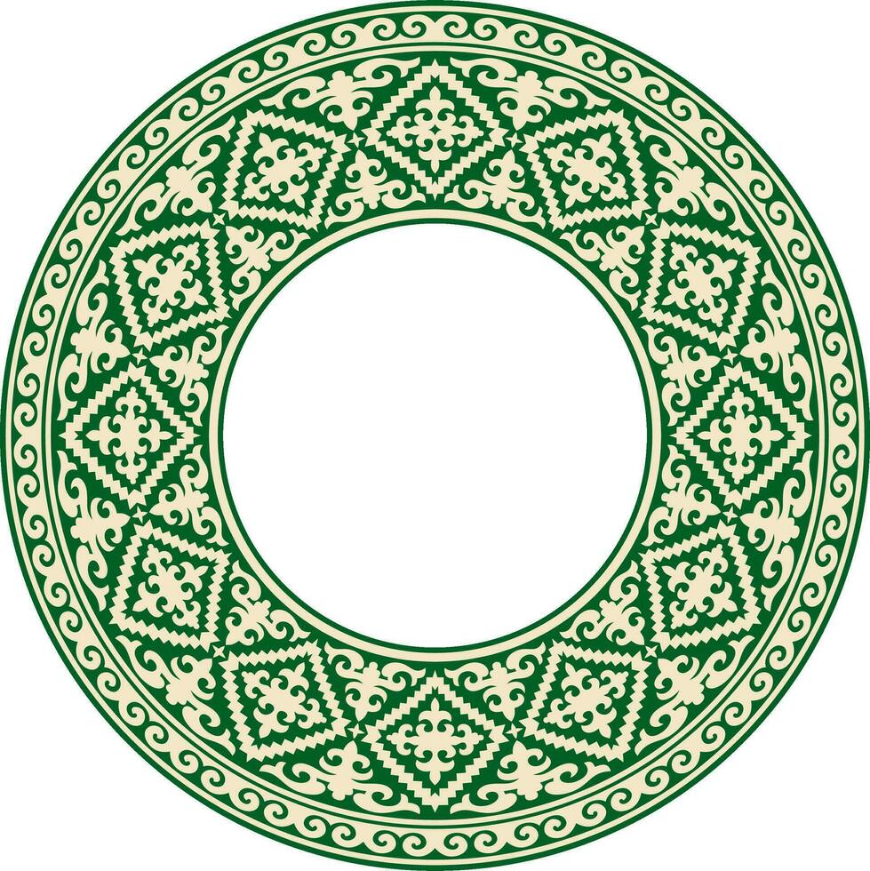 Vektor Grün und Gold runden kazakh National Ornament. ethnisch Muster von das Völker von das großartig Steppe, Mongolen, Kirgisen, Kalmücken, Burjaten. Kreis, Rahmen Rand