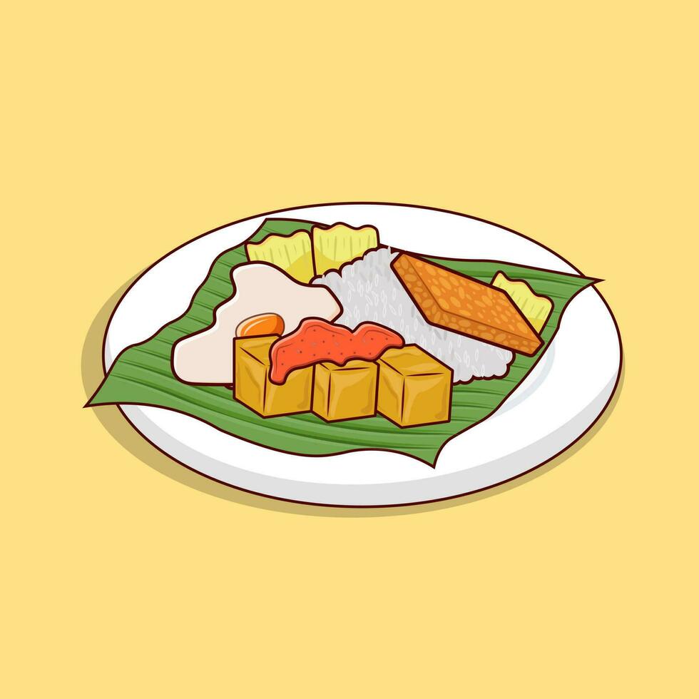 detaljerad nasi lemak eller vit ris med tofu och tempe illustration för mat ikon, illustration av asiatisk mat ikon vektor
