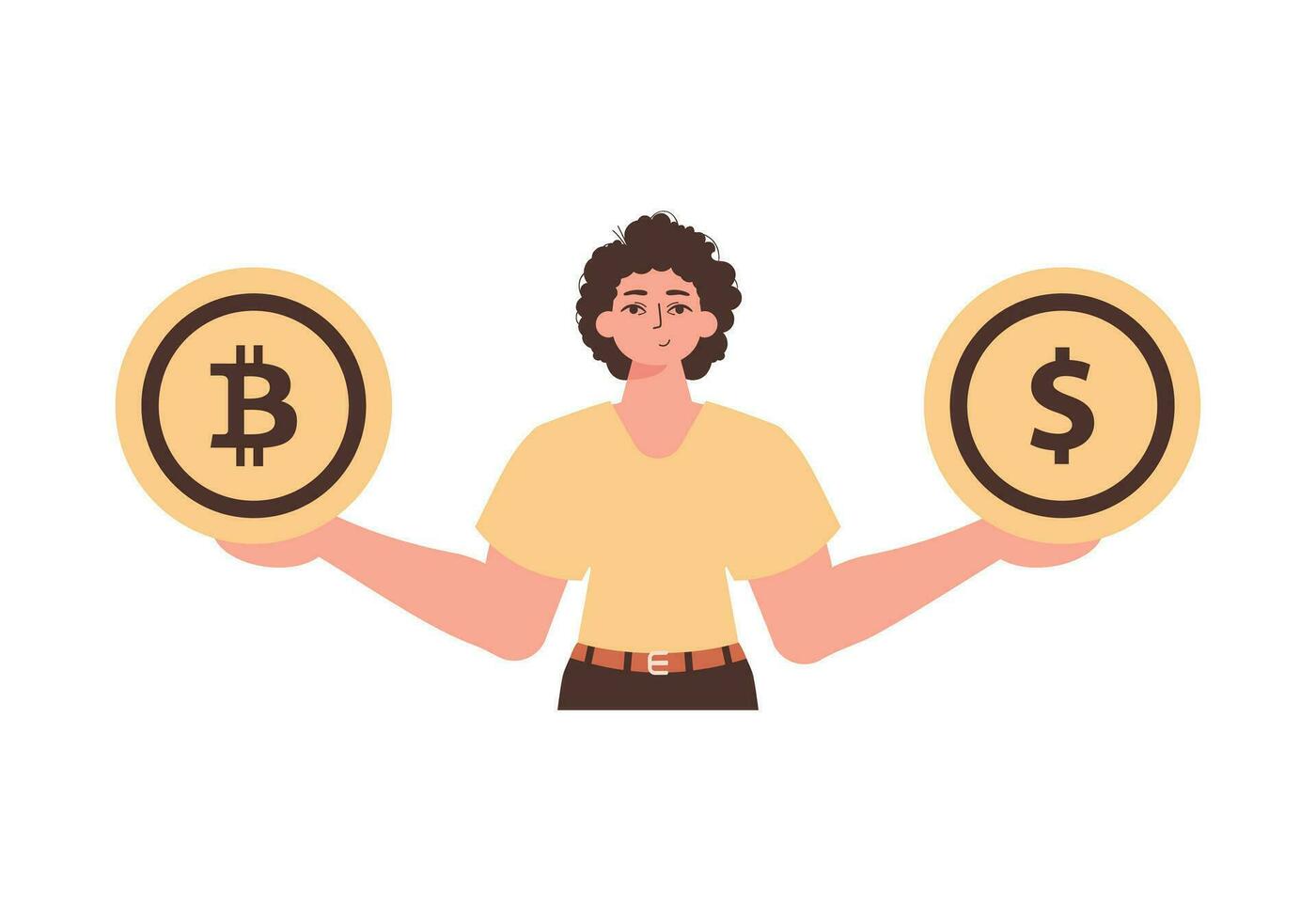 de kille innehar en mynt av bitcoin och dollar i hans händer. karaktär i modern trendig stil. vektor