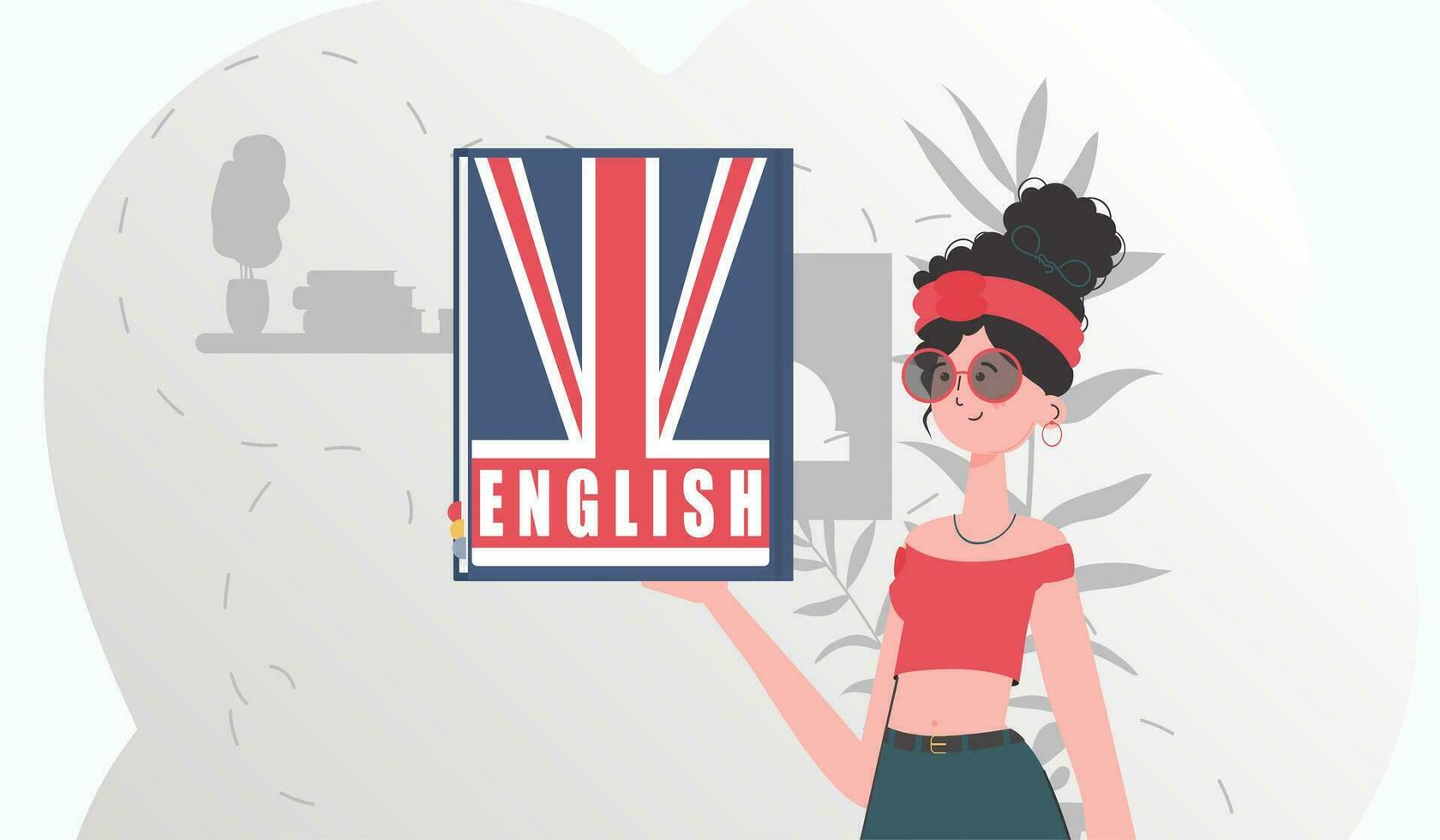 de begrepp av inlärning engelsk. en kvinna innehar ett engelsk ordbok i henne händer. trendig tecknad serie stil. vektor illustration.