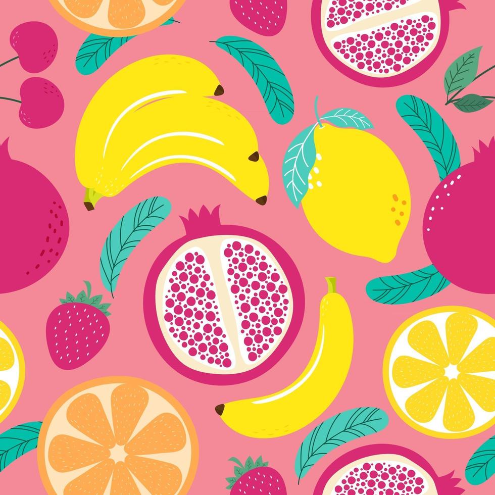 handritad söta sömlösa mönsterfrukter, apelsin, banan, granatäpple, körsbär, jordgubbe, citron och blad på rosa pastellbakgrund. vektor illustration.