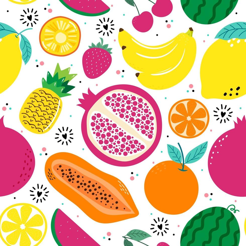 handgezeichnete süße nahtlose Musterfrüchte, Orange, Banane, Granatapfel, Kirsche, Erdbeere, Ananas, Wassermelone, Zitrone und Blatt auf weißem Hintergrund. Vektor-Illustration. vektor