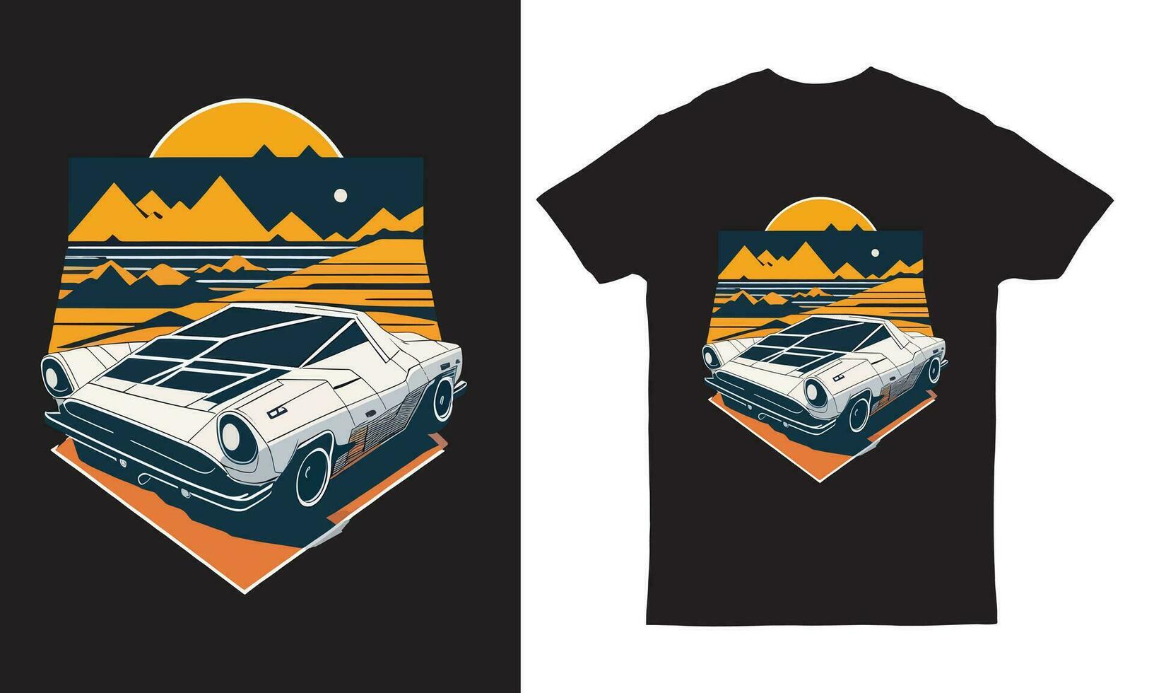 Kunstwerk von retro Auto T-Shirt Grafik im Vorderseite von ein Berg. vektor