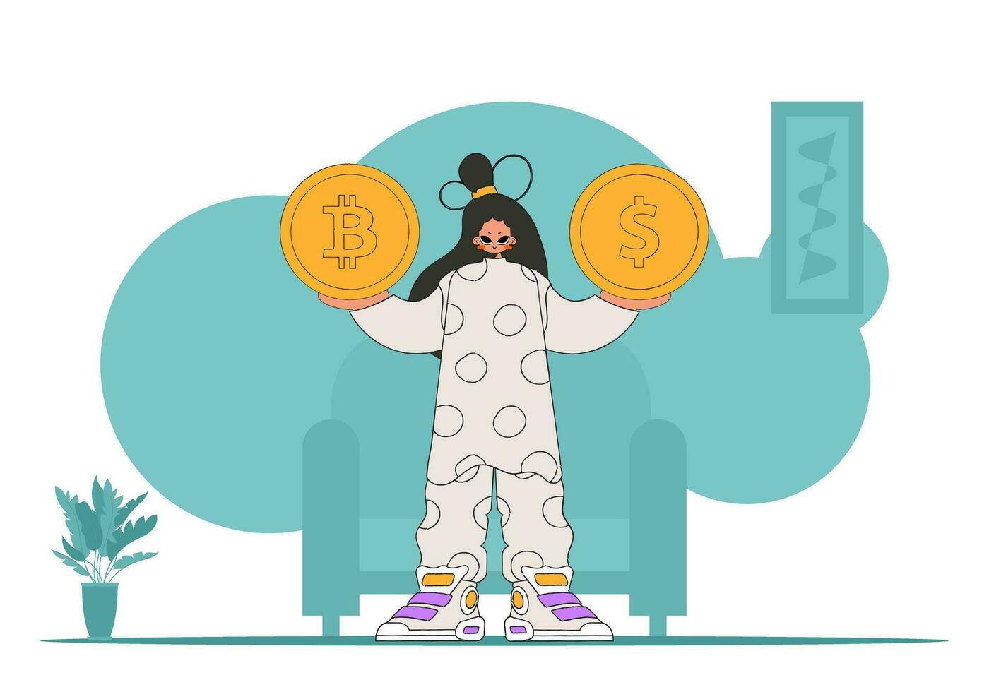de flicka innehar en dollar och bitcoin i henne händer. tema av samspel med digital monetär tillgångar. vektor