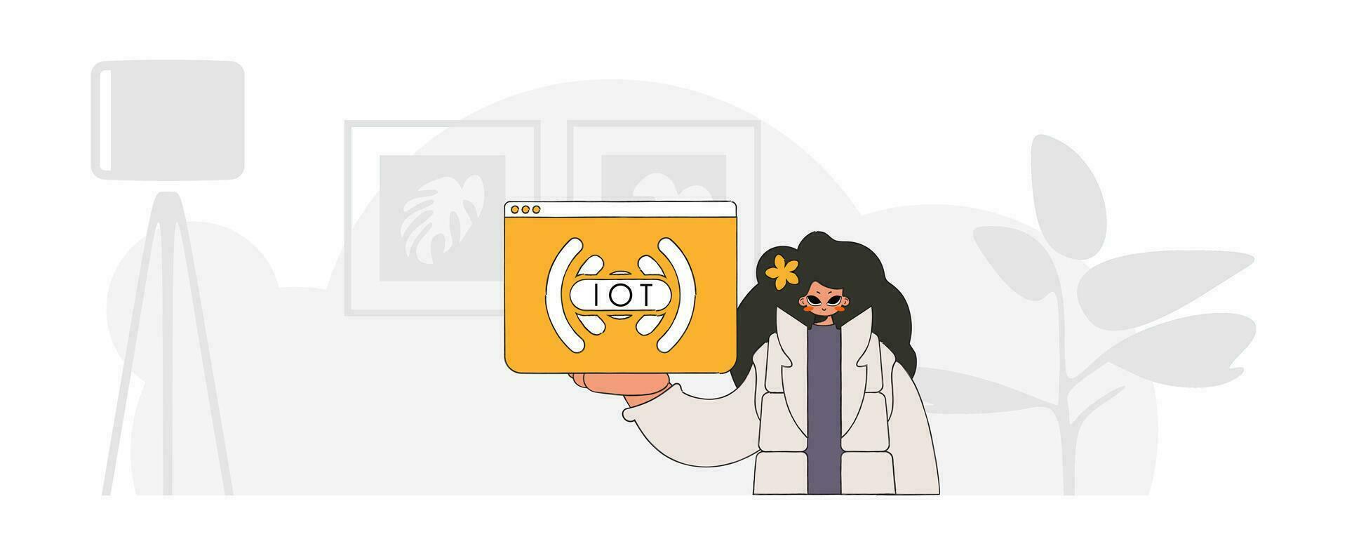 Mädchen sitzt auf das Boden, halten ein iot Logo im zeitgenössisch Stil vektor