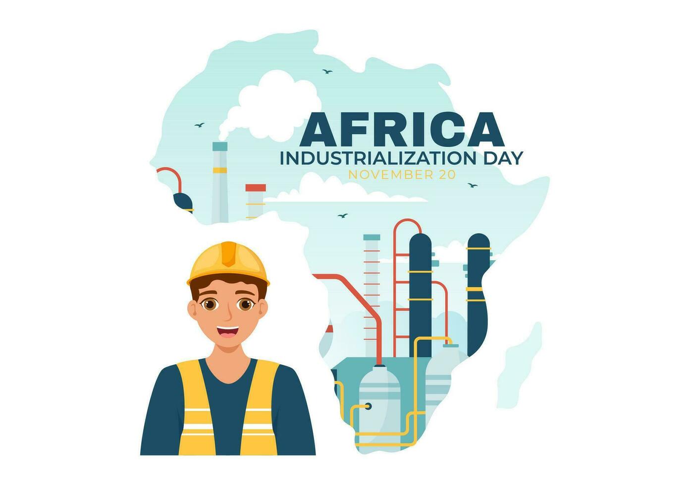 afrikanisch Industrialisierung Tag Vektor Illustration von Fabrik Gebäude Betriebs mit Schornsteine im das Center von das Stadt im eben Karikatur Hintergrund