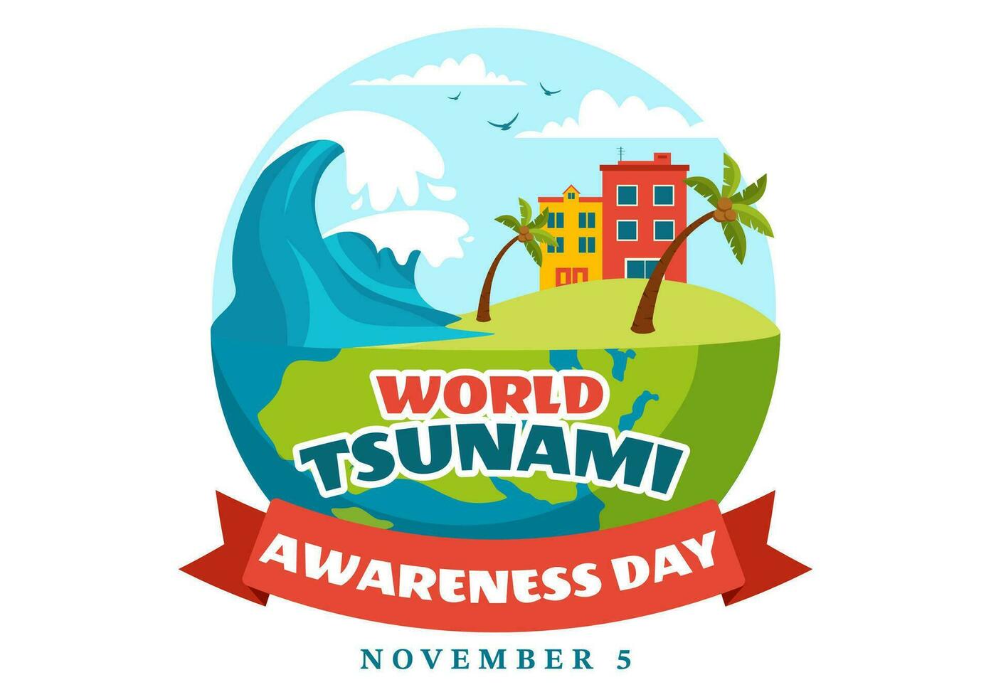 värld tsunami medvetenhet dag vektor illustration på 5 november med vågor slå hus och byggnad landskap i platt tecknad serie bakgrund mallar
