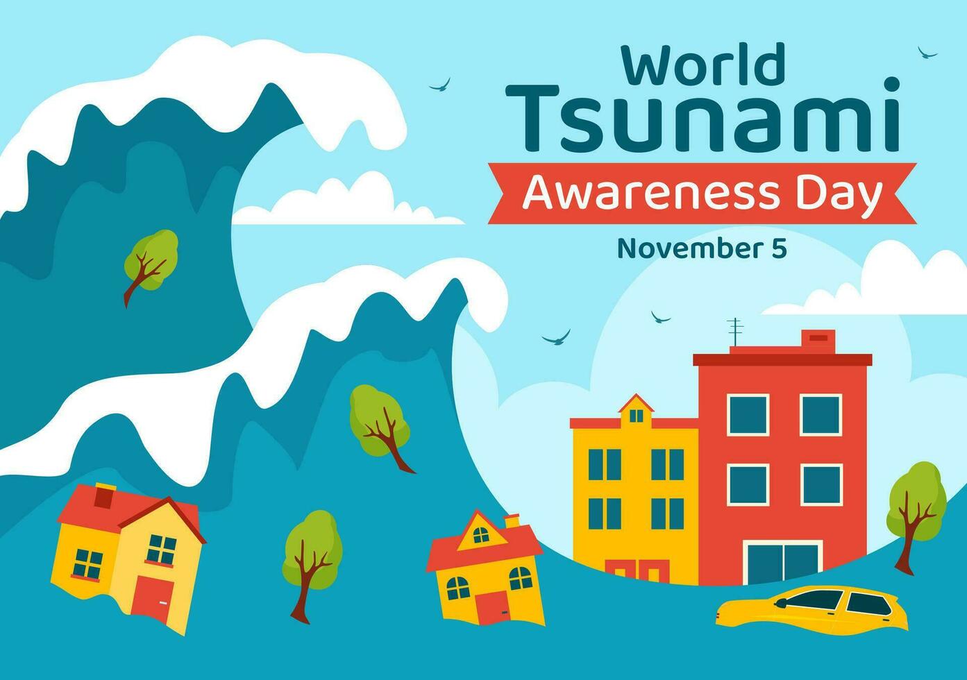 värld tsunami medvetenhet dag vektor illustration på 5 november med vågor slå hus och byggnad landskap i platt tecknad serie bakgrund mallar