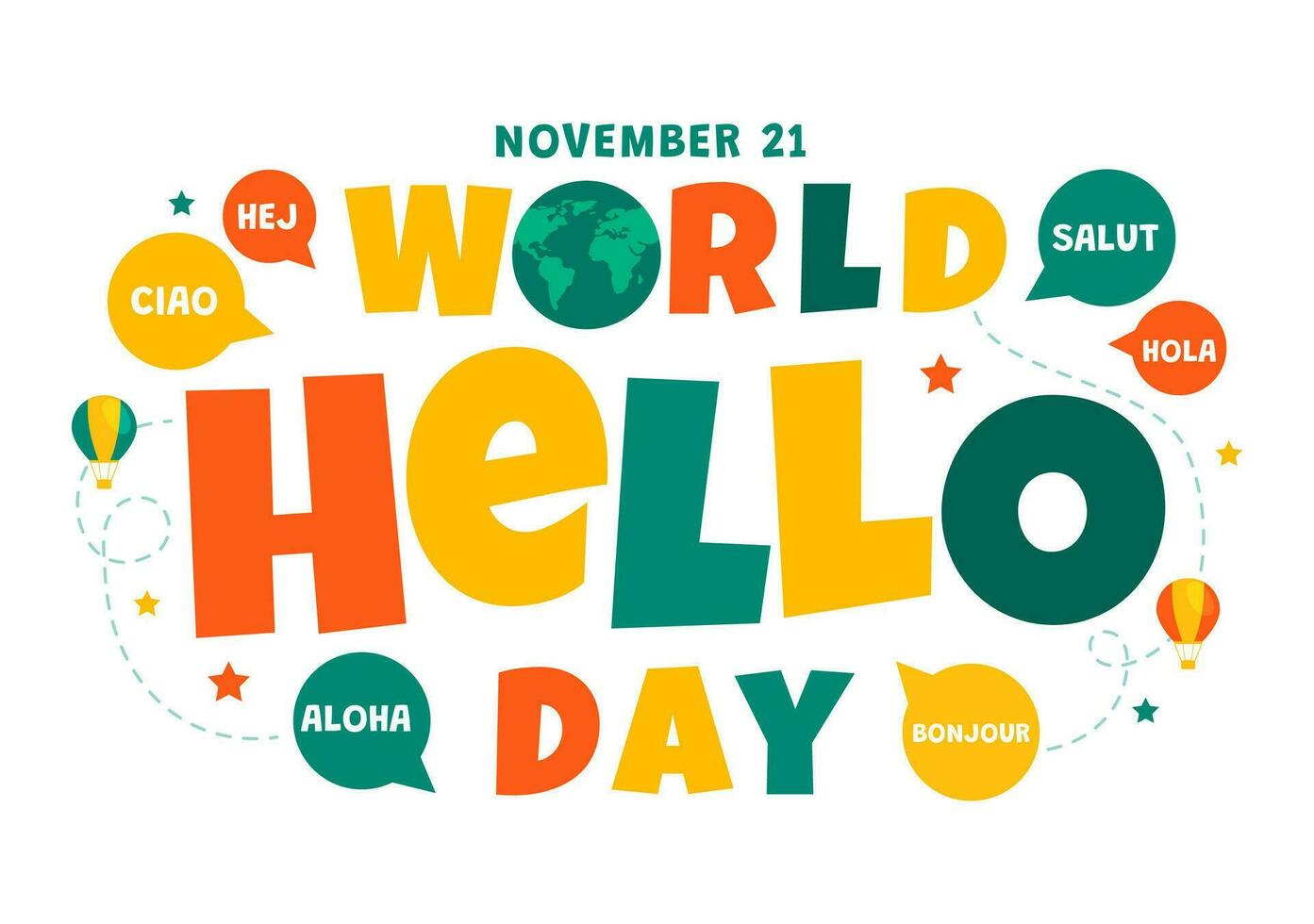 värld Hej dag vektor illustration på november 21 av Tal bubblor med annorlunda språk från Allt över de Land i platt tecknad serie bakgrund