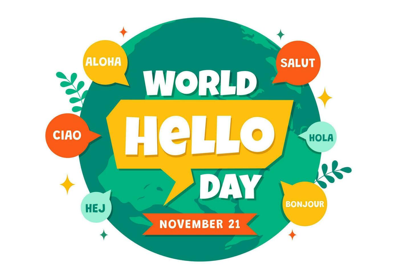 Welt Hallo Tag Vektor Illustration auf November 21 von Rede Luftblasen mit anders Sprachen von alle Über das Land im eben Karikatur Hintergrund