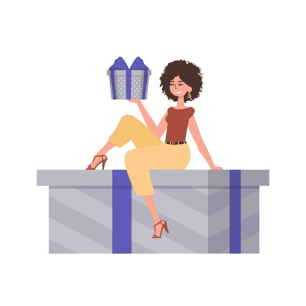 ein Frau sitzt auf ein Geschenk Kasten. modern eben Vektor Illustration.