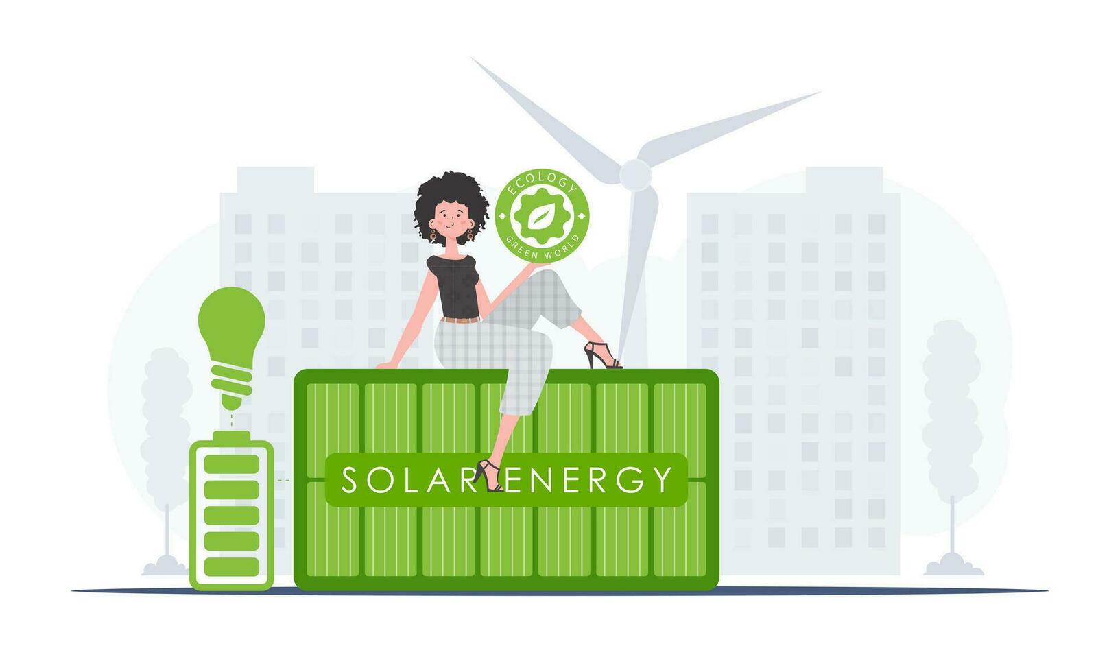 de begrepp av grön energi och ekologi. en kvinna sitter på en sol- panel och innehar de eco logotyp i henne händer. vektor trend illustration.