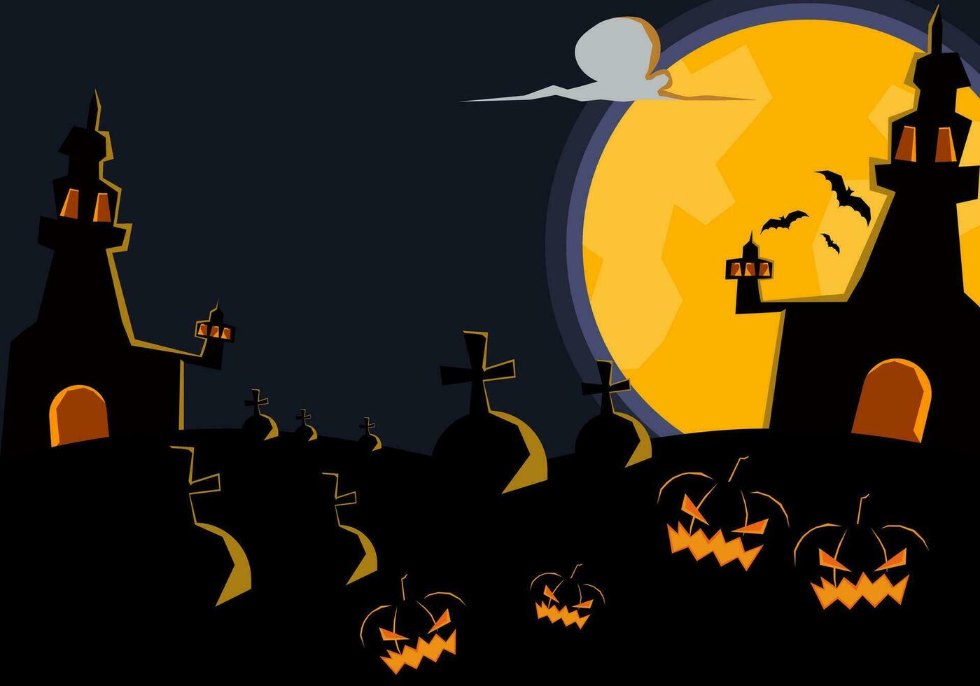 halloween bakgrund. besatt slott bland begravningsplatser på en full måne natt. där är en kopia Plats för Föra in brev. vektor illustration.
