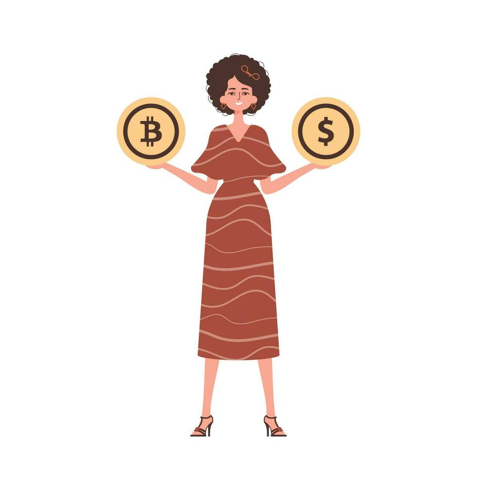 de flicka är innehav en bitcoin och en dollar i de form av mynt. karaktär med en modern stil. vektor