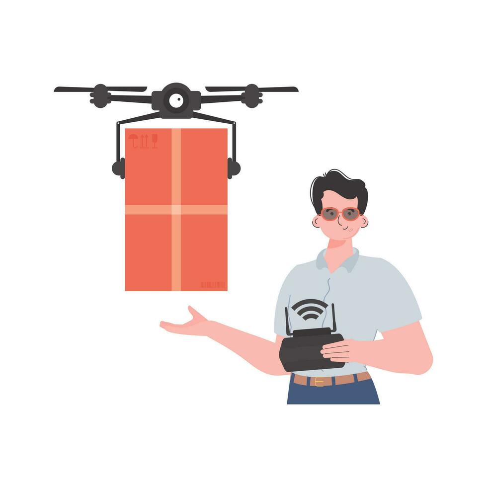 das Thema von Ladung Lieferung durch Luft. ein Mann Kontrollen ein Drohne mit ein Paket. isoliert. modisch Stil. Vektor. vektor