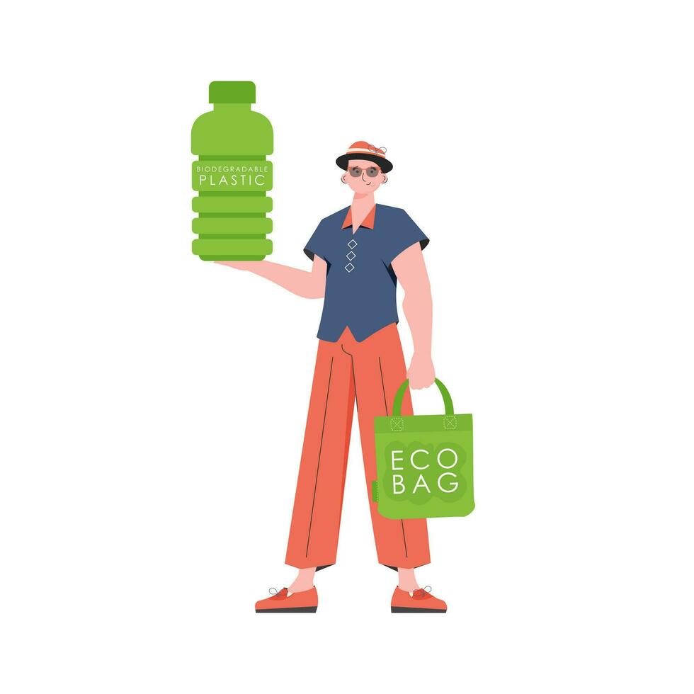 ein Mann hält ein Flasche gemacht von biologisch abbaubar Plastik im seine Hände. das Konzept von Ökologie und Pflege zum das Umfeld. isoliert. Trend Stil.Vektor Illustration. vektor