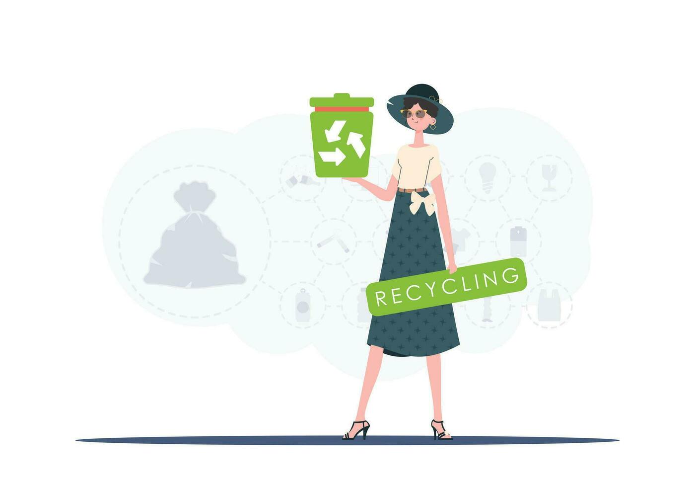 das Konzept von Ökologie und Recycling. das Mädchen ist halten ein Müll können im ihr Hände. Vektor Illustration eben modisch Stil.