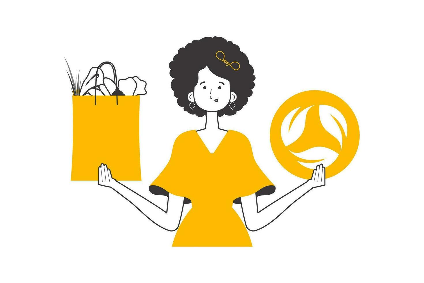 Frau, Paket mit Produkte und Öko Logo. das Konzept von ökologisch Produkte. linear modern Stil. isoliert auf Weiß Hintergrund. Vektor Illustration.