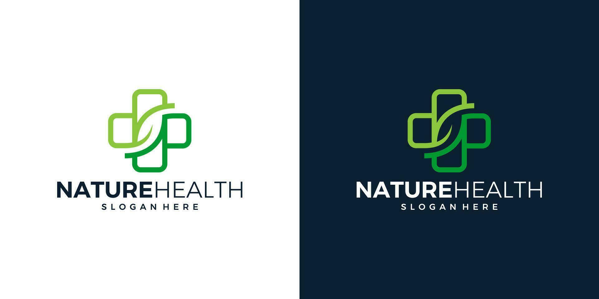 medizinisch Apotheke Logo Design Vorlage. Kreuz Symbole mit Natur Blatt Design Grafik Vektor Illustration. Symbol, Symbol, kreativ.