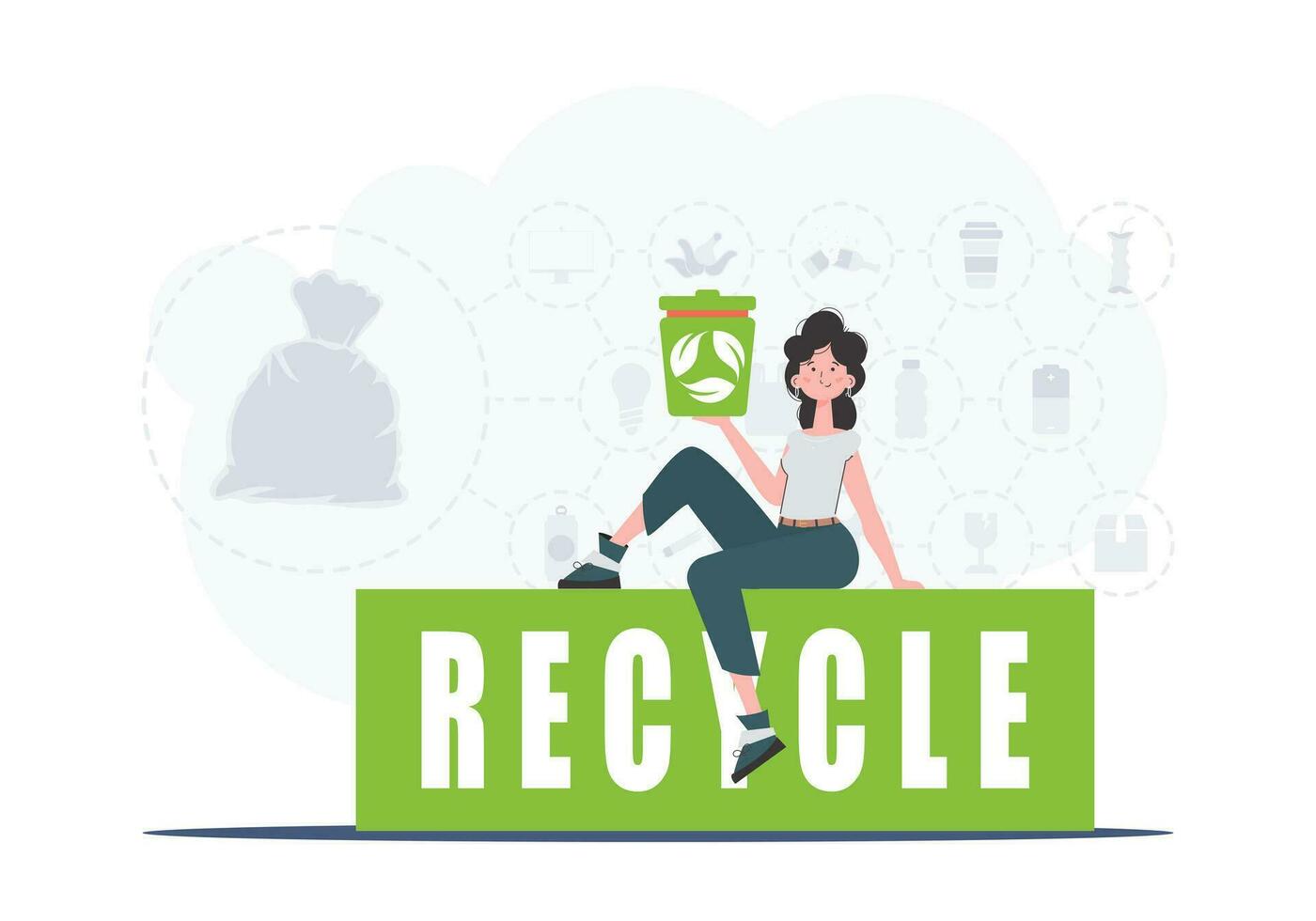das Mädchen sitzt und hält ein Müll können im ihr Hand. das Konzept von Ökologie und Recycling. Vektor Illustration eben modisch Stil.