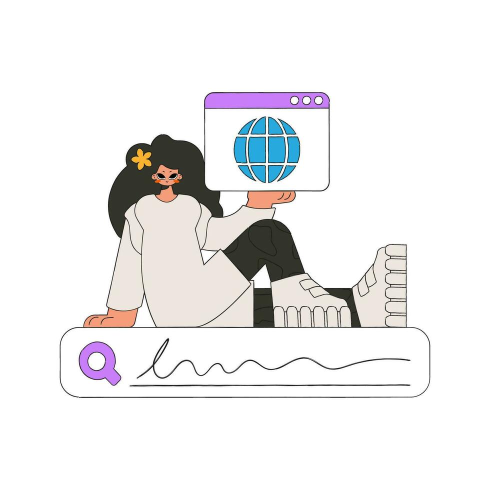 de flicka sitter på de Sök linje och innehar en webb browser i henne händer. Sök för information. retro stil karaktär. vektor