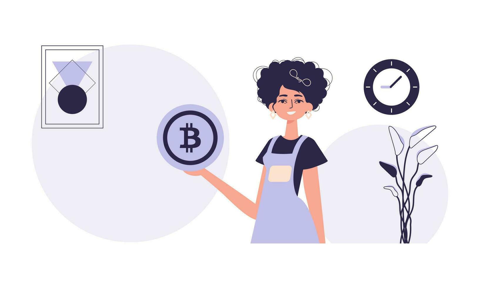 de begrepp av brytning och extraktion av bitcoin. en kvinna innehar en bitcoin i henne händer. karaktär med en modern stil. vektor