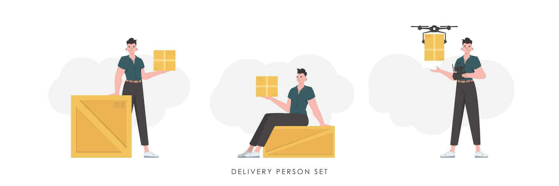 en uppsättning av en man med en låda och en paket. de begrepp av frakt leverans. trendig stil. vektor illustration.