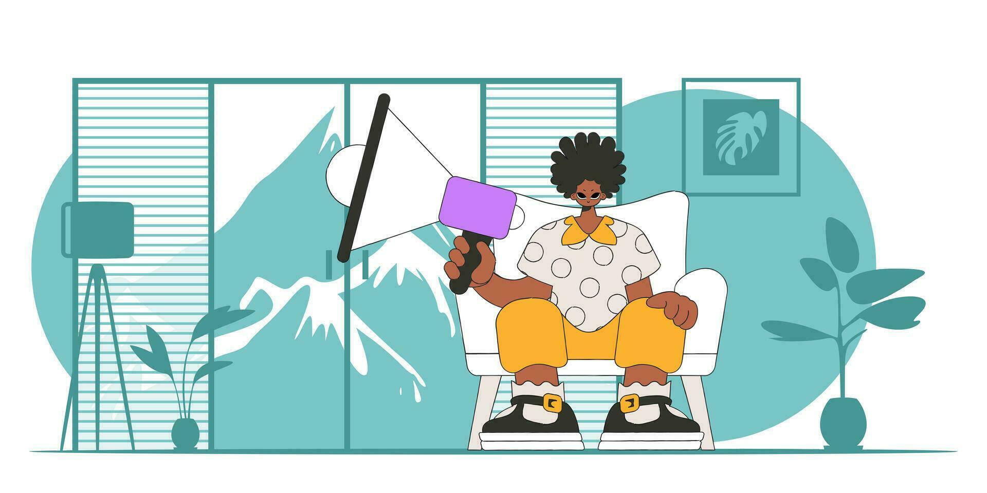 vektor illustration av en mänsklig Resurser specialist. en ung kille sitter i en stol och innehar en megafon i hans hand.