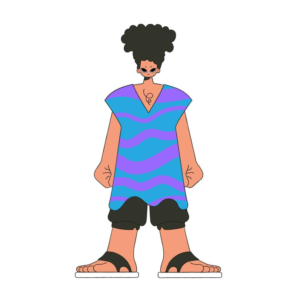 en kille med ett afro frisyr i en lång t-shirt. vektor