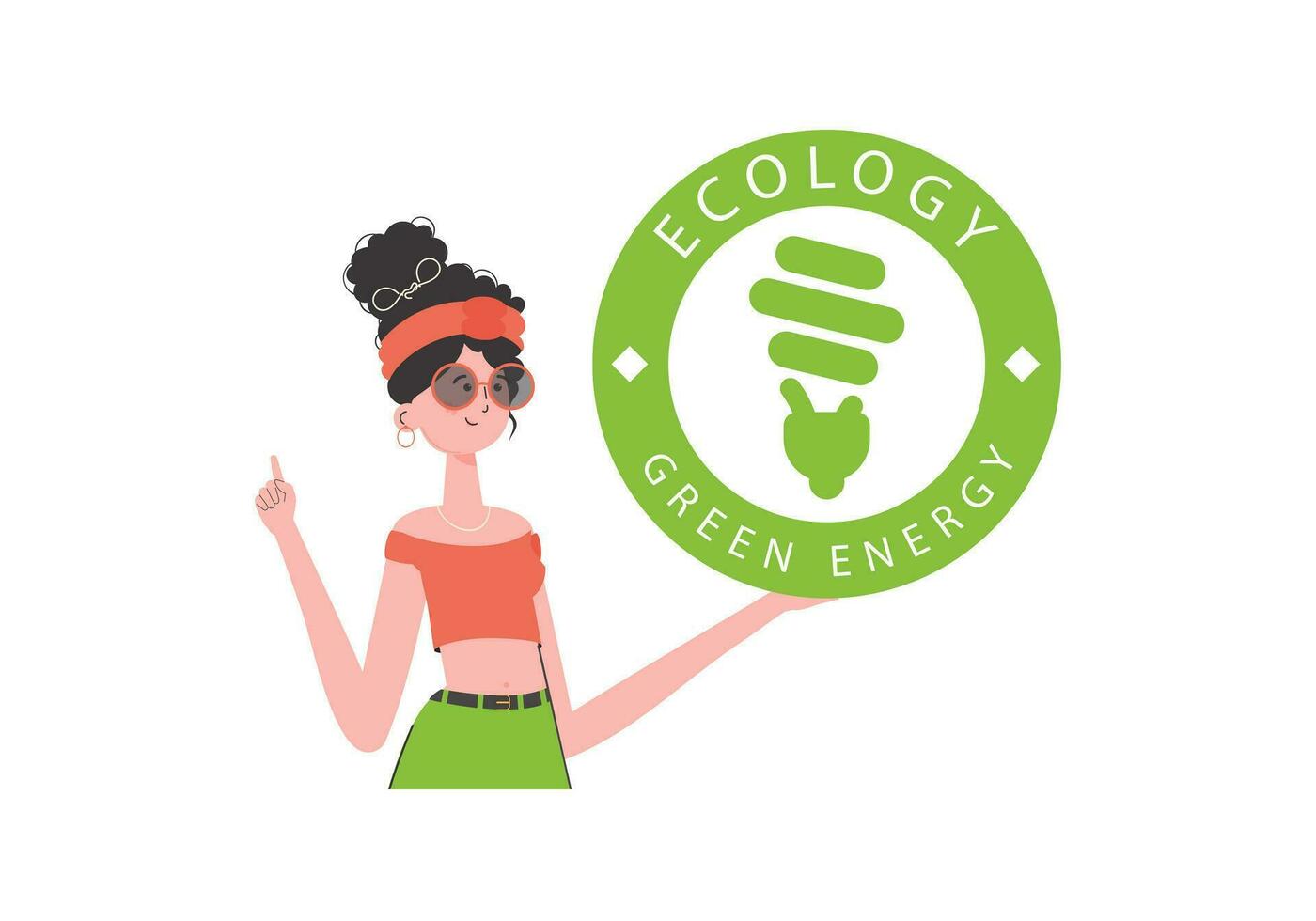 de flicka innehar de eco logotyp i henne händer. de karaktär är avbildad till de midja. de begrepp av ekologi och grön energi. isolerat på vit bakgrund. vektor trend illustration.
