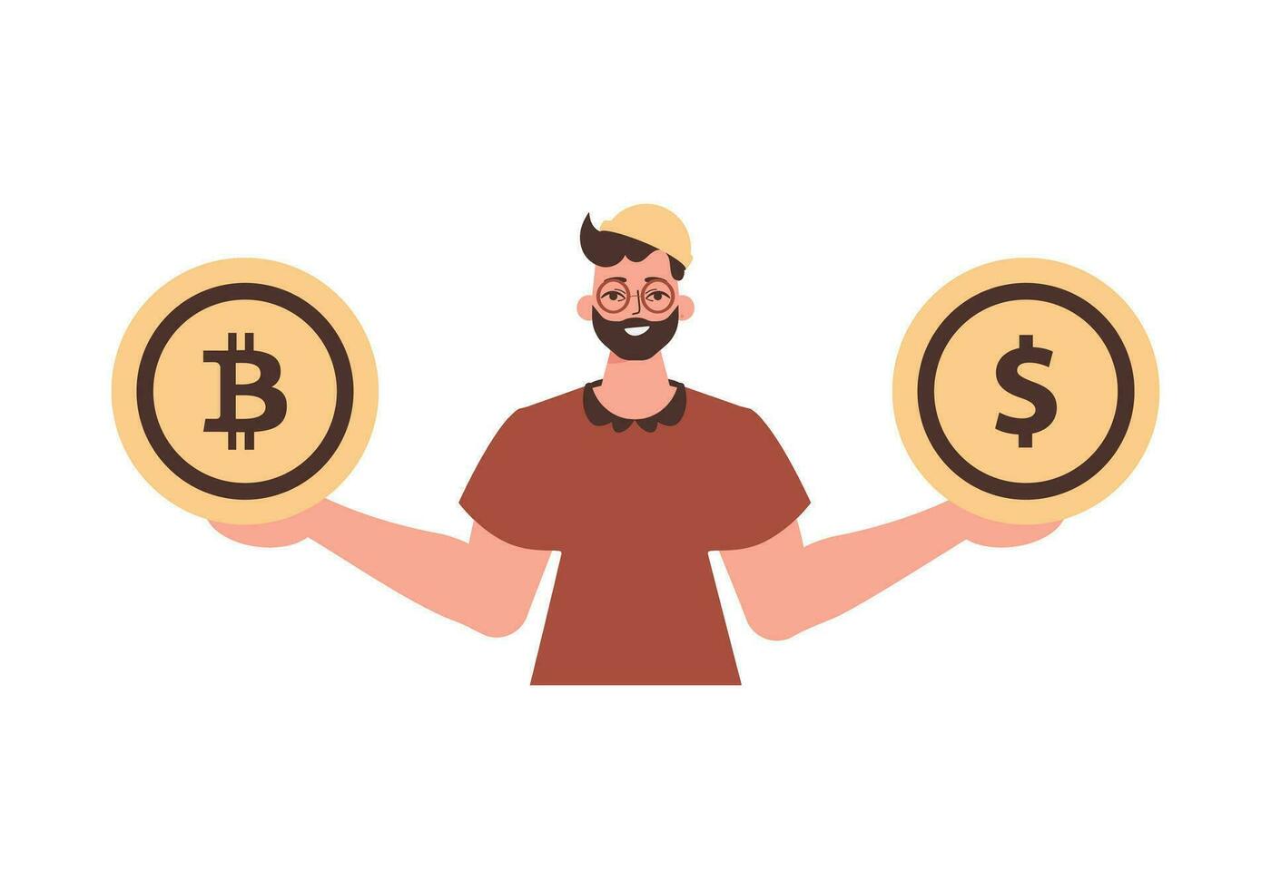 de kille innehar en bitcoin och en dollar i hans händer. karaktär i trendig stil. vektor