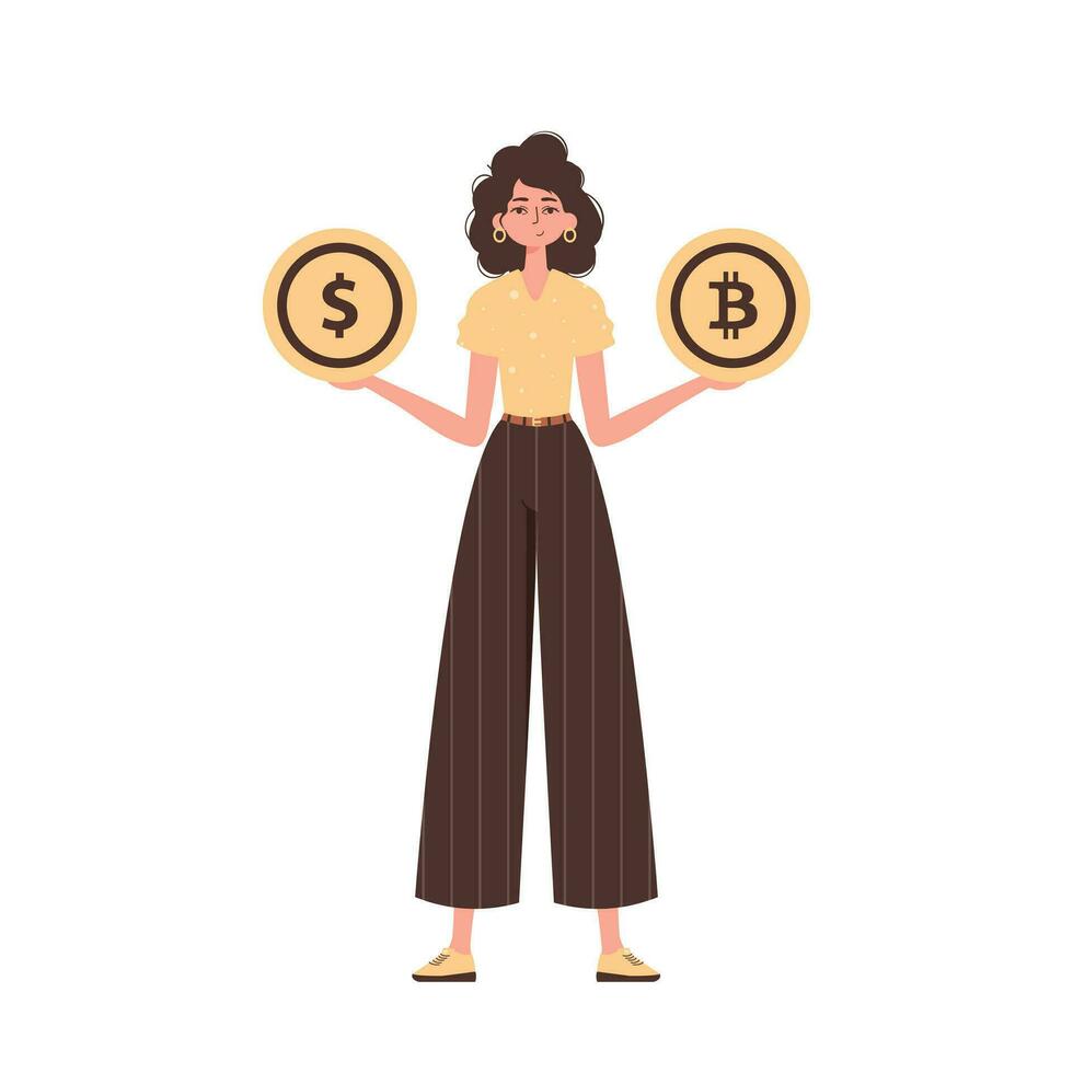 de flicka innehar en bitcoin och en dollar i henne händer. karaktär i modern trendig stil. vektor
