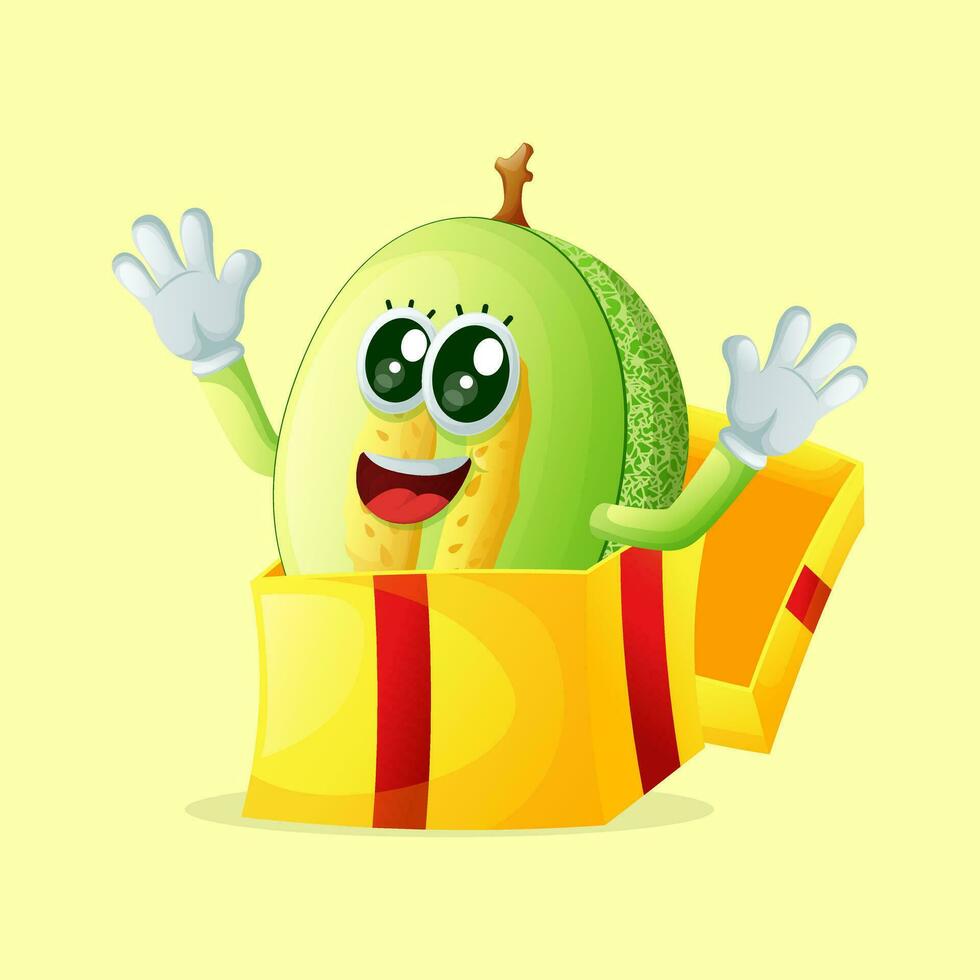 Honigtau Melone Charakter erscheinen im das Geschenk Box vektor