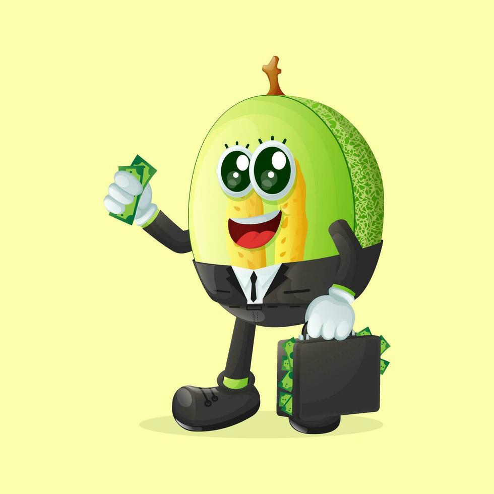 Honigtau Melone Charakter halten ein Aktentasche voll von Geld vektor