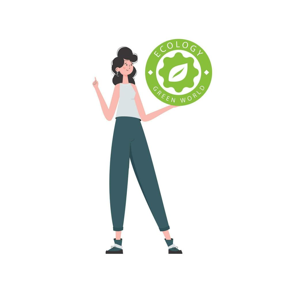 das Mädchen hält das Öko Logo im ihr Hände. das Charakter ist abgebildet im voll Wachstum. das Konzept von Ökologie und Grün Energie. isoliert auf Weiß Hintergrund. modisch Stil. Vektor Illustration.