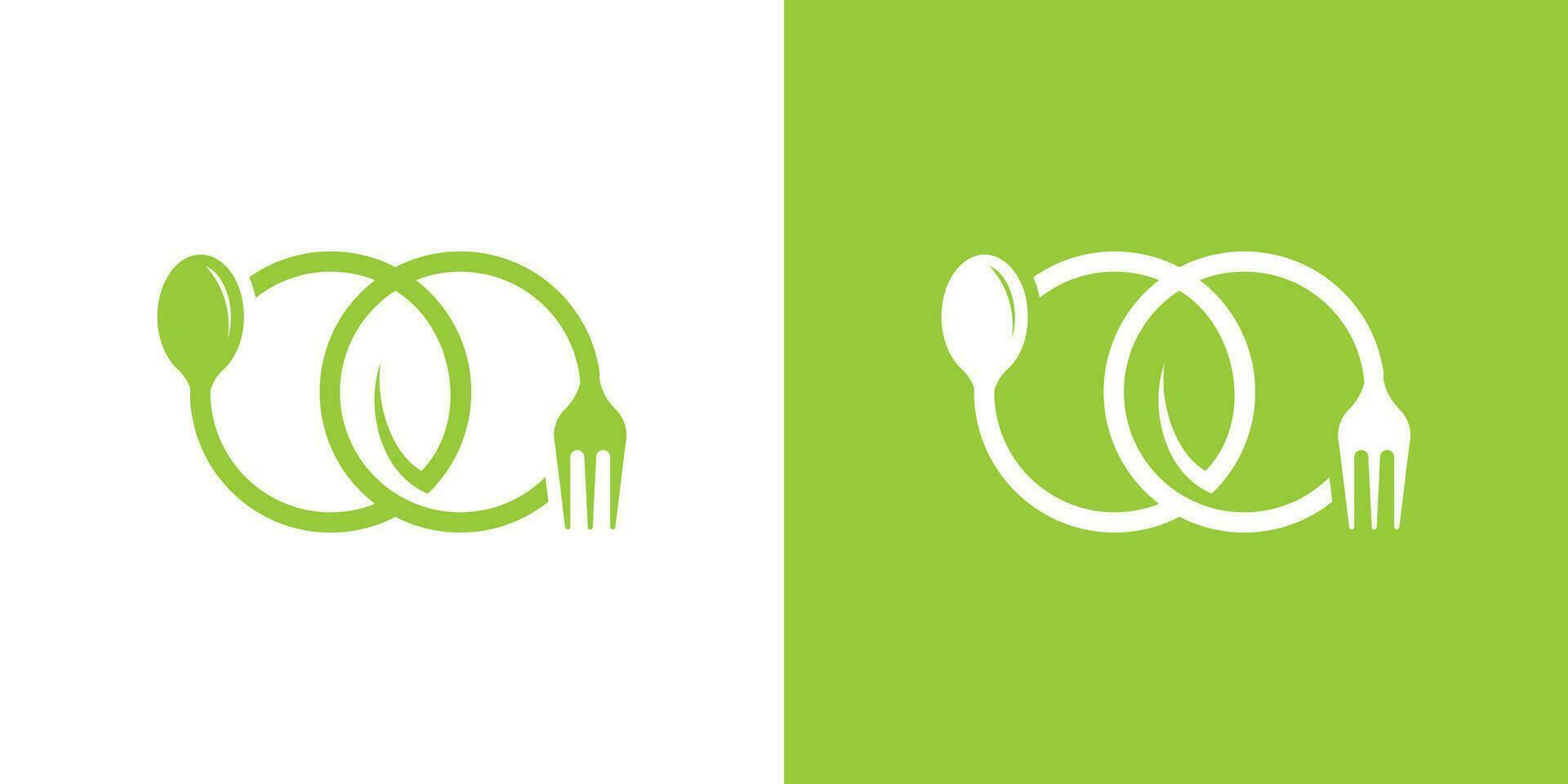 Löffel und Gabel Logo Design kombiniert mit Blätter zum nahrhaft Essen und Gesundheit vektor
