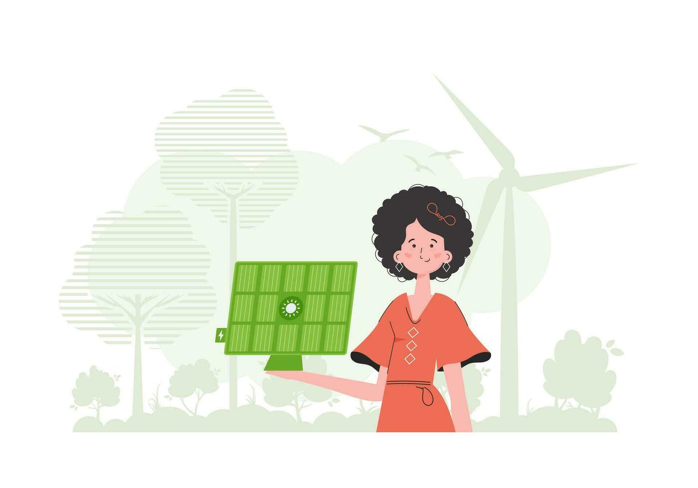 grön energi begrepp. en kvinna innehar en sol- panel i henne hand. vektor illustration.