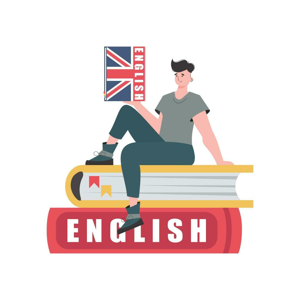en man sitter på böcker och innehar ett engelsk ordbok i hans händer. de begrepp av inlärning engelsk. isolerat. trendig tecknad serie stil. vektor illustration.