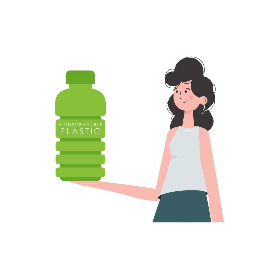 ein Frau hält ein Flasche gemacht von biologisch abbaubar Plastik im ihr Hände. Konzept von Grün Welt und Ökologie. isoliert auf Weiß Hintergrund. Trend Stil.Vektor Illustration. vektor