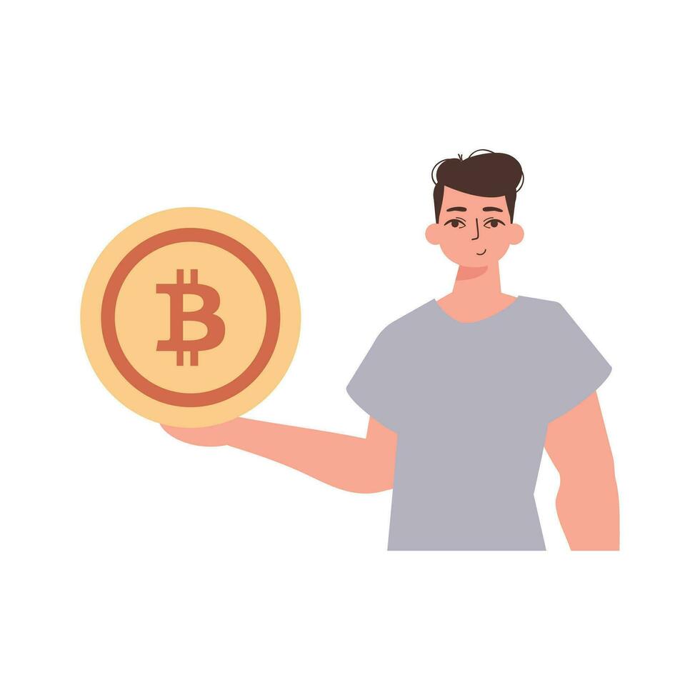 das Kerl hält ein Bitcoin Münze im seine Hände. Charakter im ein modern modisch Stil. vektor