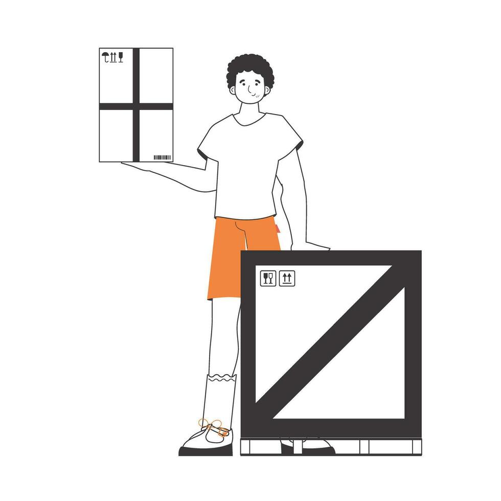 das Kerl ist halten ein Paket. Paket Anbieter. linear modern Stil. isoliert auf Weiß Hintergrund. Vektor Illustration.