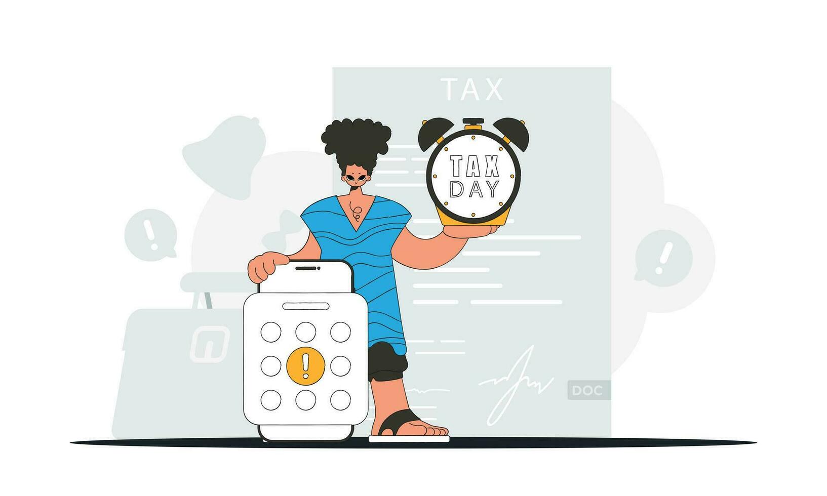 elegant Mann mit ein Kalender und ein Alarm Uhr. ein Illustration demonstrieren das richtig Zahlung von Steuern. vektor